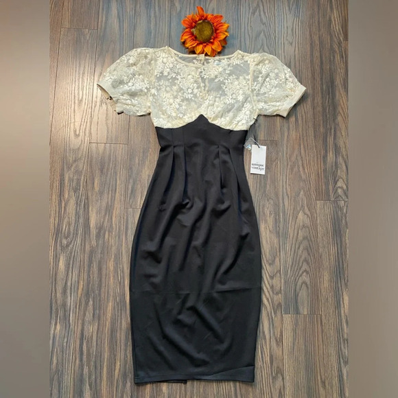 🦋B2G1🦋UNIQUE VINTAGE Ivory & Black Wiggle Dress With Lace Illusion NWT - Picture 10 of 13